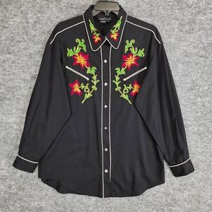 Carole Little Sport Western Shirt Women 14 Black Floral Embroidered Pearl Snap